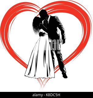 Silhouettes de kissing Bride and Groom sur un résumé de fond en forme de cœur Illustration de Vecteur