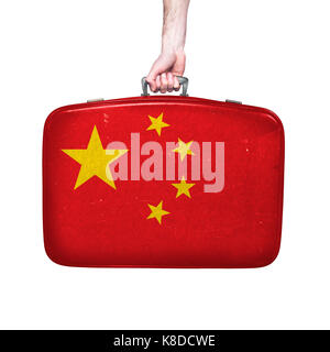 Chine drapeau sur une valise en cuir vintage. Banque D'Images