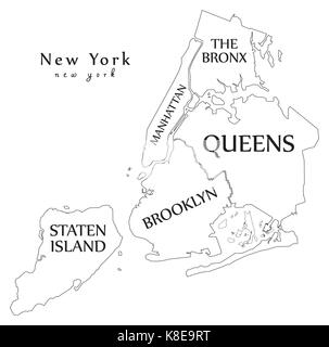 Plan de la ville moderne - new york city de l'usa avec les quartiers et les titres contour plan Illustration de Vecteur