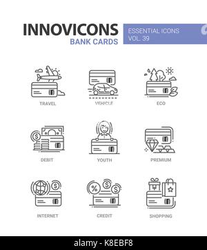 Cartes bancaires - vecteur moderne design ligne icons set. transport, véhicules, voiture, transport, écologiques, de débit, de la jeunesse, de crédit, premium, internet, football, Illustration de Vecteur