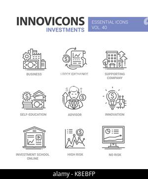 Investissements - vecteur moderne design ligne icons set. d'affaires, la bourse, l'entreprise à l'appui, l'auto-éducation, conseiller, de consultation, de l'innovation, à Illustration de Vecteur