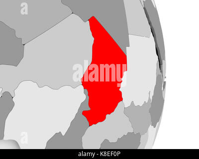 Le Tchad a souligné en rouge sur gris globe politique. 3d illustration. Banque D'Images