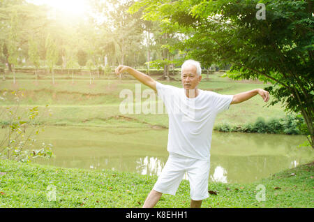 Portrait de santé des cheveux blancs asian senior man wushu au parc extérieur en matinée. Banque D'Images