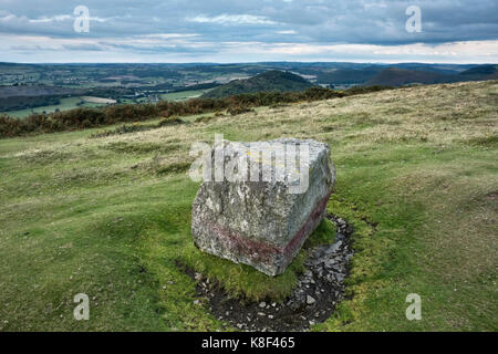 Hergest Ridge, Kington, Herefordshire, Angleterre. La pierre à aiguiser (blé) sur l'Offa's Dyke Path, un bloc erratique glaciaire et ancienne borne frontière Banque D'Images