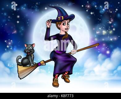 Halloween sorcière et chat sur un balai