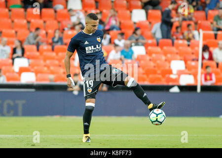 # 19 rodrigo moreno avant de valence cf et l'espagnol au cours de la ligue de Santander (la liga) match joué au stade Mestalla entre Valence cf et malaga cf. sept 19 2017. Banque D'Images