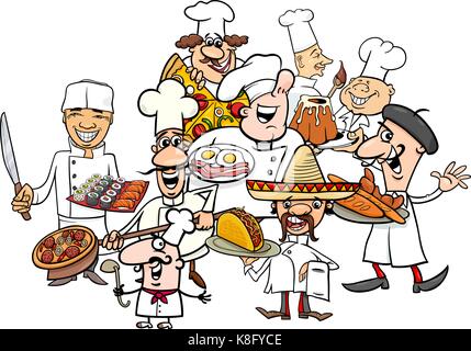 Cartoon illustration de funny cuisine internationale avec des spécialités alimentaires groupe chefs Illustration de Vecteur