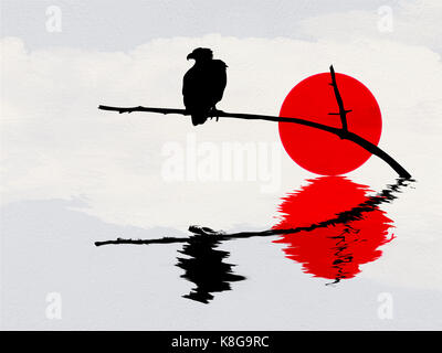 La silhouette d'un aigle perché sur une branche d'arbre. la direction et raptor sont positionnés au-dessus de l'eau. La silhouette de l'oiseau avec le soleil un Banque D'Images