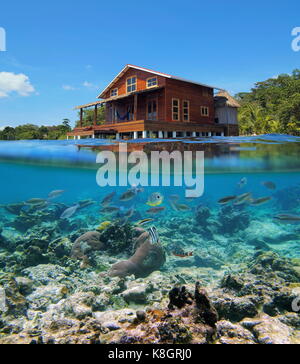 Au-dessus et au-dessous de la surface de la mer maison sur pilotis au-dessus de l'eau tropicale avec des poissons sur les récifs coralliens des Caraïbes, sous-marine Banque D'Images