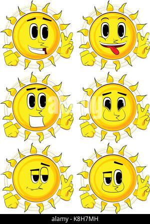 Caricature montrant le soleil v signe. collection avec les expressions des visages heureux. vector set. Illustration de Vecteur