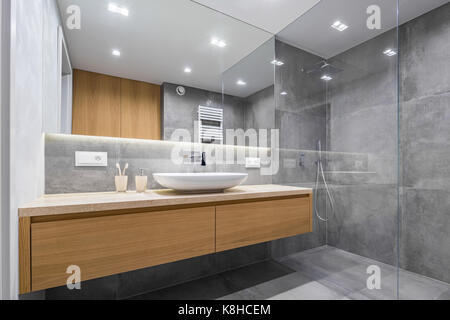 Salle de bains moderne avec comptoir en bois, douche, lavabo et grand miroir Banque D'Images