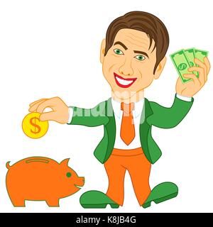 Smiling man tient en main les billets d'un dollar et de jeter une pièce dans la tirelire orange, conceptuel cartoon vector illustration Illustration de Vecteur