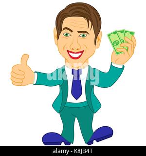 Souriant et joyeux dans un costume homme turquoise détient les billets d'un dollar, cartoon vector illustration Illustration de Vecteur