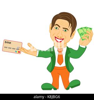 Le sourire et l'homme joyeux est titulaire de la carte de crédit et billets de dollars, cartoon vector illustration Illustration de Vecteur