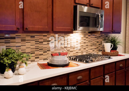 Un comptoir de cuisine avec une cuisinière, un four micro-ondes avec une belle backsplash. Banque D'Images