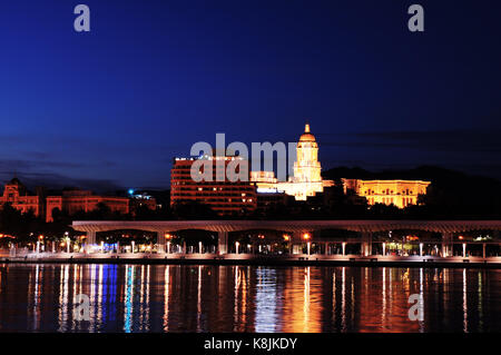 Panorama nocturne de Malaga avec tour de la cathédrale et du parc Banque D'Images