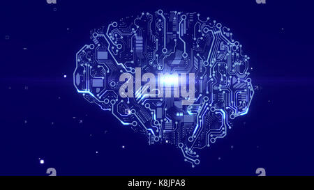 Illustration 3D futuriste d'un cerveau à android avec des circuits, des appareils, un CPU à plazma micropuces, de la couleur bleu clair en t Banque D'Images