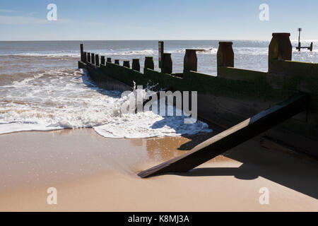 Détail de l'épi en bois sur une plage de sable fin, Southwold, Suffolk, Angleterre Banque D'Images