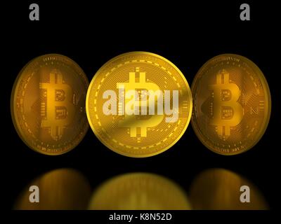 Jetons bitcoin or sur fond noir avec reflet Banque D'Images