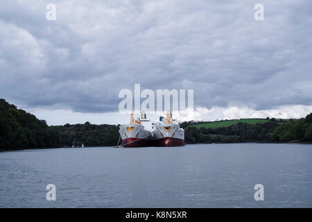 Des navires frigorifiques, des cargos frigorifiques utilisés pour le transport de marchandises périssables, mis en place jusqu'à la rivière Fal, Falmouth, Cornwall. Banque D'Images