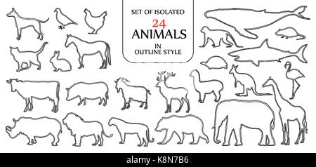 Ensemble de 24 animaux isolés en illustration style double contour noir pour logo, icône ou d'arrière-plan avec un espace blanc pour le texte. Illustration de Vecteur