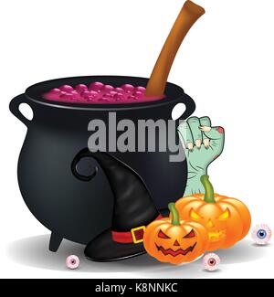 Cartoon Halloween, symboles des objets vectoriels. composition arrangement, citrouilles, chapeau de sorcière, chaudron, et plus encore. Collage of cute Vector éléments Halloween Illustration de Vecteur