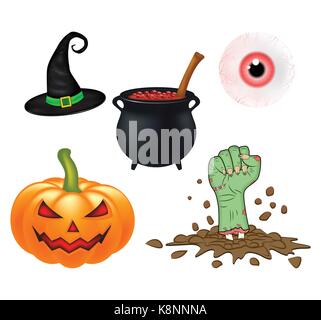 Cartoon vector set Halloween, symboles collection. ensemble d'objets vectoriels, citrouilles, chapeau de sorcière chaudron, et plus encore. Vector Set of cute Halloween elements Illustration de Vecteur