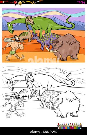 Cartoon illustration de personnages préhistoriques de l'activité de coloriage de groupe Illustration de Vecteur
