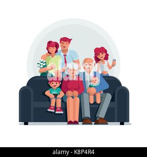 Heureux grand portrait de famille. Grand-mère, grand-père, mère, père, fils et fille. Les éléments sont séparément en couches. Illustration de Vecteur