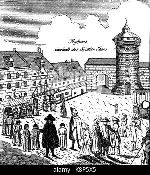 Autour de chant des enfants trouvés à Nuremberg, en 1750, de la part des douanes dans Herumsingen Findelkinder Nuremberg, der à Nürnberg, 1750, aus öffentliche Gebräuche à Nürnberg, amélioration numérique reproduction d'une gravure sur bois, publié dans le 19e siècle Banque D'Images