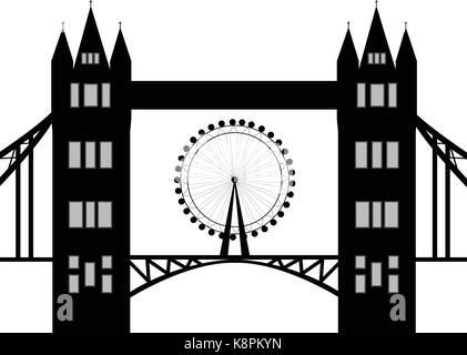 Image de caricature du Tower Bridge et London eye silhouette. Vector illustration isolé sur fond blanc. Illustration de Vecteur