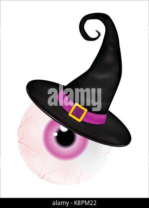 Image de Spooky Halloween effrayant, réaliste, les droits de l'œil avec des élève, iris en chapeau de sorcière. Vector illustration isolé sur fond blanc. Illustration de Vecteur