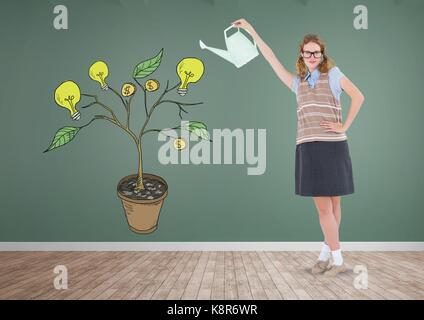 Digital composite of Woman holding watering can et le dessin d'argent et l'idée des graphiques sur les branches des plantes sur le mur Banque D'Images