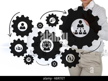 Femme d'affaires de l'interaction avec les gens dans le CMV bureau contre graphiques background Banque D'Images