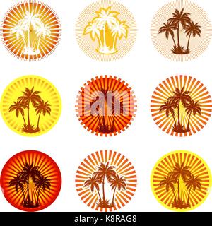 Tropical avec palmiers silhouettes sur fond avec cercle et poutres apparentes. icônes, logos ou labels. vector Illustration de Vecteur