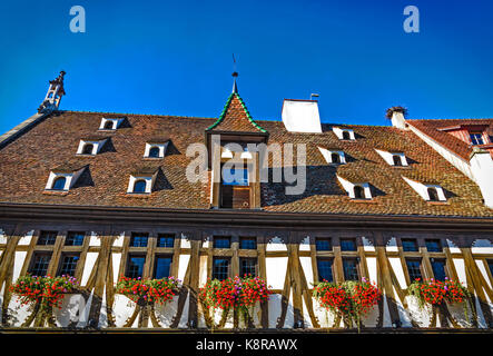 Historique pittoresque de style renaissance la salle aux blés grenier à Obernai, près de Strasbourg, France Banque D'Images