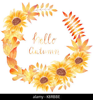 Bonjour automne - aquarelle peinture à la main avec des tournesols et des feuilles Banque D'Images