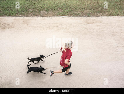 Jeune femme jogging avec chiens. Banque D'Images