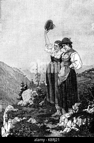 Salutation de l'alpage, deux femmes dans la Dirndl debout à un chemin de montagne et à la recherche dans la vallée, Bavière, Allemagne, Gruß von der Alm, zwei Frauen im Dirndl stehen und einem une Gebirgspfad schauen ins Tal, Bayern, Deutschland, amélioration numérique reproduction d'une gravure sur bois, publié dans le 19e siècle Banque D'Images