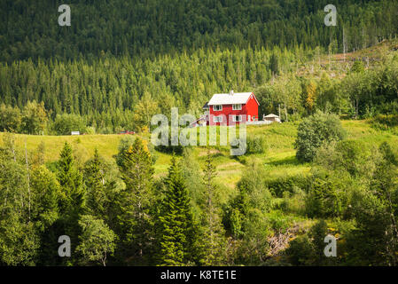 Maison Rouge rural sur le sommet de la colline sur la rivière, en Norvège, en Scandinavie, en Europe. Banque D'Images