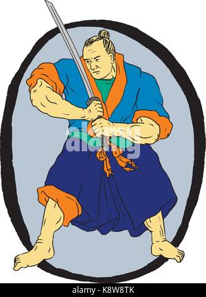 Croquis dessin illustration de style d'un samouraï guerrier brandissant katana Épée en position de combat mis à l'intérieur du cercle de l'Enso sur fond isolé. Illustration de Vecteur