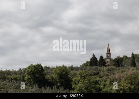 Un petit clocher de l'église émergeant d'une forêt verdoyante, sous un ciel couvert Banque D'Images