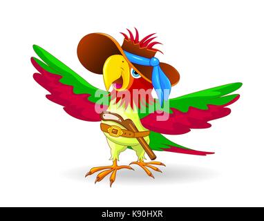 Le perroquet perroquet pirate.cartoon pirate avec chapeau sur la tête sur fond blanc. perroquet dans un chapeau et d'un fusil derrière sa ceinture. Illustration de Vecteur