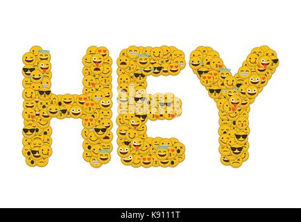 Le mot hé écrit en caractères emoji médias sociaux smiley Banque D'Images
