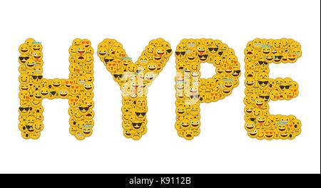 Le mot hype écrit en caractères emoji médias sociaux smiley Banque D'Images