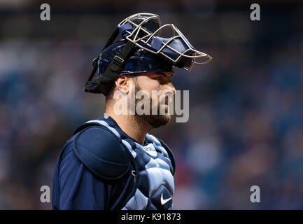 Tropicana Field. 20 Sep, 2017. Floride, USA- Rays de Tampa Bay catcher Curt Casali (19) dans le match entre les Chicago Cubs et les Rays de Tampa Bay au Tropicana Field. Del Mecum/CSM/Alamy Live News Banque D'Images