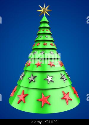 3d illustration de l'arbre de Noël vert clair sur fond bleu avec des étoiles decoration Banque D'Images