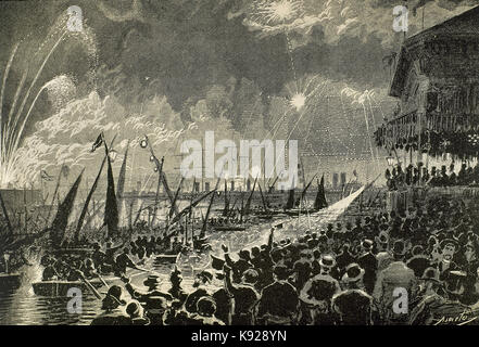 L'Espagne. La Catalogne. 1888 Exposition Universelle de Barcelone. À l'audience tenue pendant le spectacle de la mer de son festival avec la régente la reine Maria Christina d'Autriche (1858-1929) à la tribune du Paseo Colon. Gravure de Asarta. 'La Ilustracion Iberica', 1888. Banque D'Images