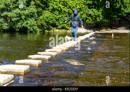 L'homme de traverser la rivière à l'aide de l'usure des tremplins à Stanhope, comté de Durham. Banque D'Images