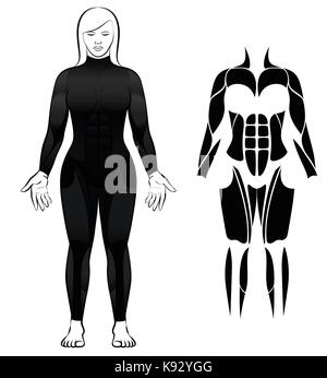 Wetsuit - woman in black, combinaison de plongée et abstraite noir figure ou l'icône des plus grands muscles femelle - illustration sur fond blanc. Banque D'Images